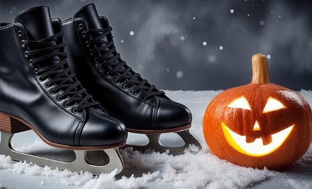 Skates and a pumpkin on ice